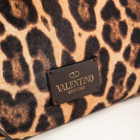 Valentino Brown Leopard Calf Hair Golden Rockstud Double Handle Tote - Picture 11 of 15